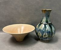 Front angled view of bowl and vase showing overall shape, size, and glaze