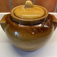 Overall view of the Talarico lidded pot showing the mustard lid with chocolate drip glaze on the body.