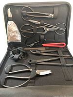 Photo showing the full set of carbon steel bonsai tools including cutters, shears, and wire tools within a black carrying case with elastic straps, some tools have black handles, one has a red handle, also visible coiled bonsai wire.