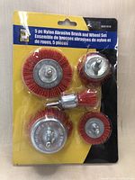 Front of packaged 5-piece nylon abrasive brush and wheel set, showing red nylon bristles on metal bases and shanks.