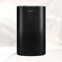 Front view of the unboxed PuroAir HEPA 14 air purifier unit standing upright, black cylinder with perforated lower half.