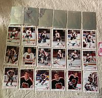 Photo showing 24 hockey cards arranged in 4 rows, top row of 6 hologram cards showing player images, followed by rows of regular cards with player photos and details.