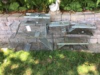 Overall view of seven live animal trap cages of varying sizes stacked against stone wall outdoors on grass.