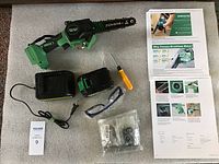 All components laid out on gray mat: chainsaw, charger, battery, screwdriver, safety glasses, spare chains in bag, printed instructions