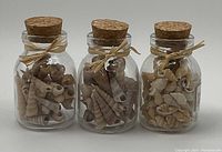 Front view of three glass jars filled with assorted seashells, each sealed with cork and tied with raffia.