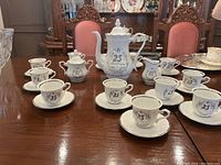 Photo showing full tea set displayed on polished wooden table including 12 espresso cups with saucers, one tall teapot, milk holder, and sugar holder, all decorated with '25' emblem and floral designs.