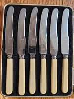 Set of six vintage butter knives with ivory colored handles and stainless steel blades in a black case, blades marked Sheffield Triumph