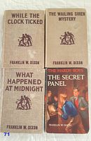 Front covers of four Hardy Boys books showing titles and author Franklin W. Dixon.
