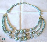 Front view of the triple strand pale blue faux pearl necklace showcasing alternating bead sizes and translucent faceted beads.