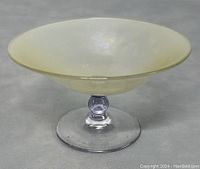Front angle view of Art Deco footed candy bowl showing the light yellow translucent bowl atop clear glass pedestal base with rounded stem connection.