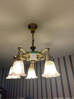 Chandelier with 5 lit frosted glass bell-shaped shades, brass arms and ceiling mount.