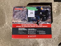 Box of Little Buddy Mr. Heater outdoor portable radiant heater showing front with brand names, heating capacity 3,800 BTU, and product features.