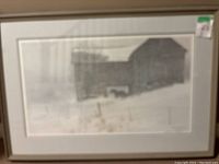 Full view of framed print showing barn image under mat board in silver-tone frame