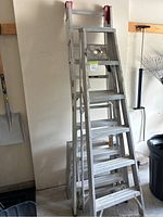 View of the extension ladder and the 2-step ladder stacked together showing height and condition