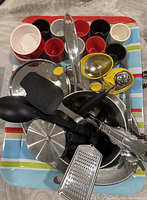 Full view of the collection of kitchen items arranged on the colorful serving tray as listed by the seller.
