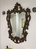 Front view of vintage resin wall mirror hanging on a white wall showing ornate floral and scroll frame details.