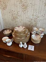 Full lot arranged on table including plates, bowls, cups, saucers, creamer, sugar bowl, salt and pepper shakers