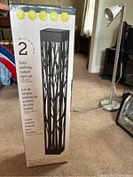 Boxed set of two solar pathway bollard lights showing front side of packaging and light design with tree motif pattern.