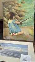 Oil painting of young girl fishing by water with rocks in background, signed Jacob Daniels