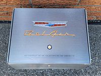 Top of the branded grey box showing Chevrolet Bel Air logo and name indicating it is a 1957 Chevrolet Bel Air collector's die-cast assembly kit.