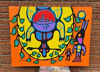 Straight-on full view of the painting against a brick wall