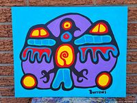 Front view of the original acrylic painting on canvas depicting the Thunderbird figure with vibrant colors and signed 'Burrows'