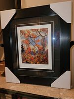 Full view of the professionally framed Tom Thomson print showing the fall landscape with protective corner covers on the black frame.