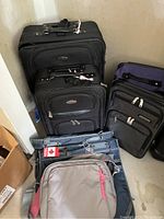 Two Cambridge suitcases and one Jetliner suitcase standing upright with two Hallmark blue suit bags and one pink and grey laptop bag on the floor.