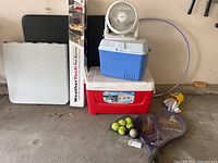Full lot view showing coolers, fan, Pet Barrier box behind, paddles, balls, and chalk