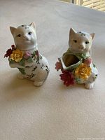 Cat-shaped ceramic creamer and sugar set with Old Country Roses pattern and applied ceramic flowers