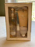 Front view of boxed Adrienne Vittadini Citrus Orchid Shower Gel and Body Scrub showing packaging and products inside.