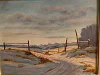 Close-up detail showing snowy path, rustic fences, and artist signature 'B Roberts' on bottom right corner.
