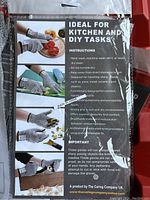Packaging showing instructions and product details for cut resistant gloves suitable for kitchen and DIY tasks. Highlights include wash instructions, features, and safety notes.