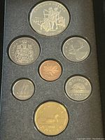 Front side of the coin set showing the Canadian silver double dollar and other coins all set in a foamed display case.