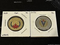 Front side showing colourized design of Loonie with red maple leaf and wreath and Twoonie with 'V' and torch