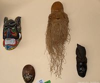 Five international masks displayed on a wall, showing variety of designs and sizes