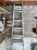 Full view of the aluminum step ladder showing all six steps, the wider top step, and the overall ladder shape.