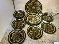 Full set arranged on countertop showing 4 dinner plates, 4 bread/butter plates, and 3 soup bowls featuring vintage Mikasa Majorca Lodi pattern from Japan.