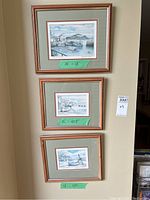 Three framed watercolour paintings by Elizabeth Clarke hung vertically on a wall with size labels.