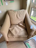 Front view of armchair with loose back cushion and decorative throw pillow