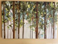 Frontal view of canvas art print showing abstract forest scene with trees and foliage.
