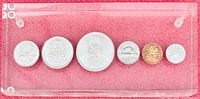 Top-down photo showing the six coins arranged in size order under a clear Lucite case on a red textured background.