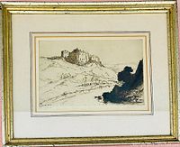 Frontal view of the framed antique engraving showing Stirling Castle on a hill, including framing and matting details.