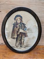 Front view of the vintage watercolour painting depicting a child with water damage visible on the right side.