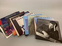 Fanned arrangement of 10 vinyl LPs showing eight album covers and two blank sleeves