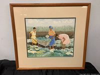 Full view of framed watercolour painting titled 'Three Women - Wheel Barrel' showing the entire artwork and frame.