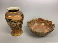 Both the Japanese Satsuma hand painted vase and matching bowl displayed together showing full lot contents.