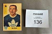 Front of 1958-59 Parkhurst rookie hockey card showing Bob Nevin in Toronto Maple Leafs jersey with yellow border, card number and player name.