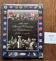 Photo of closed binder showing 1994-95 Award Winning Collection with NHL team logos and trophies.