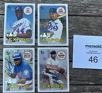 Front side of four Montreal Expos 2019 Topps Archives baseball cards signed by Ken Hill, Jose Vidro, Marquis Grissom, and Jeff Fassero.